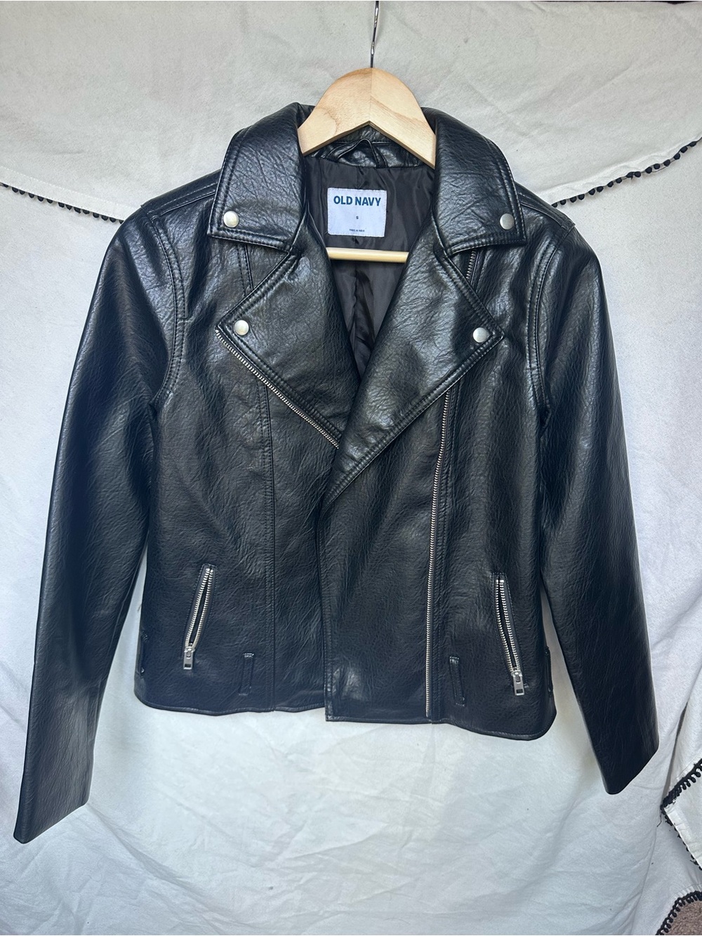 Old Navy Black Faux Leather Moto Jacket with Silver Hardware